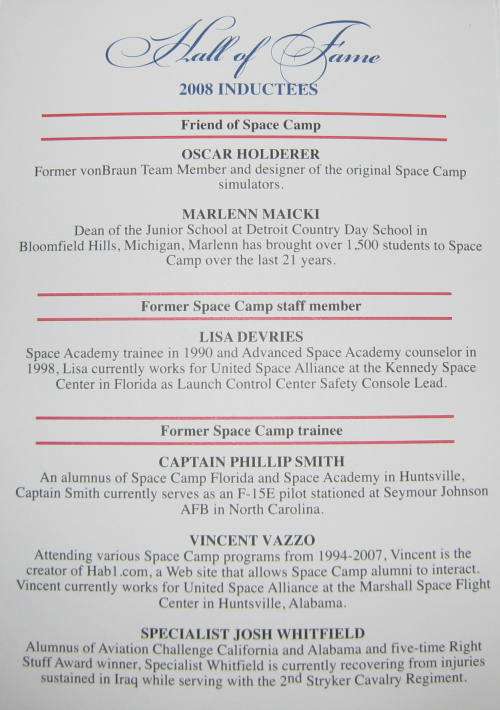 Space Camp Hall of Fame 2008 Invitation
