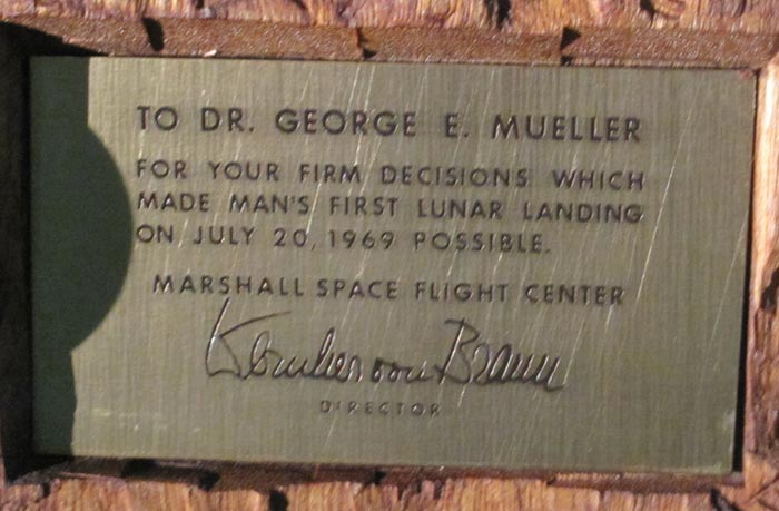 Plaque on Wood Carving - Gift from von Braun to George Mueller