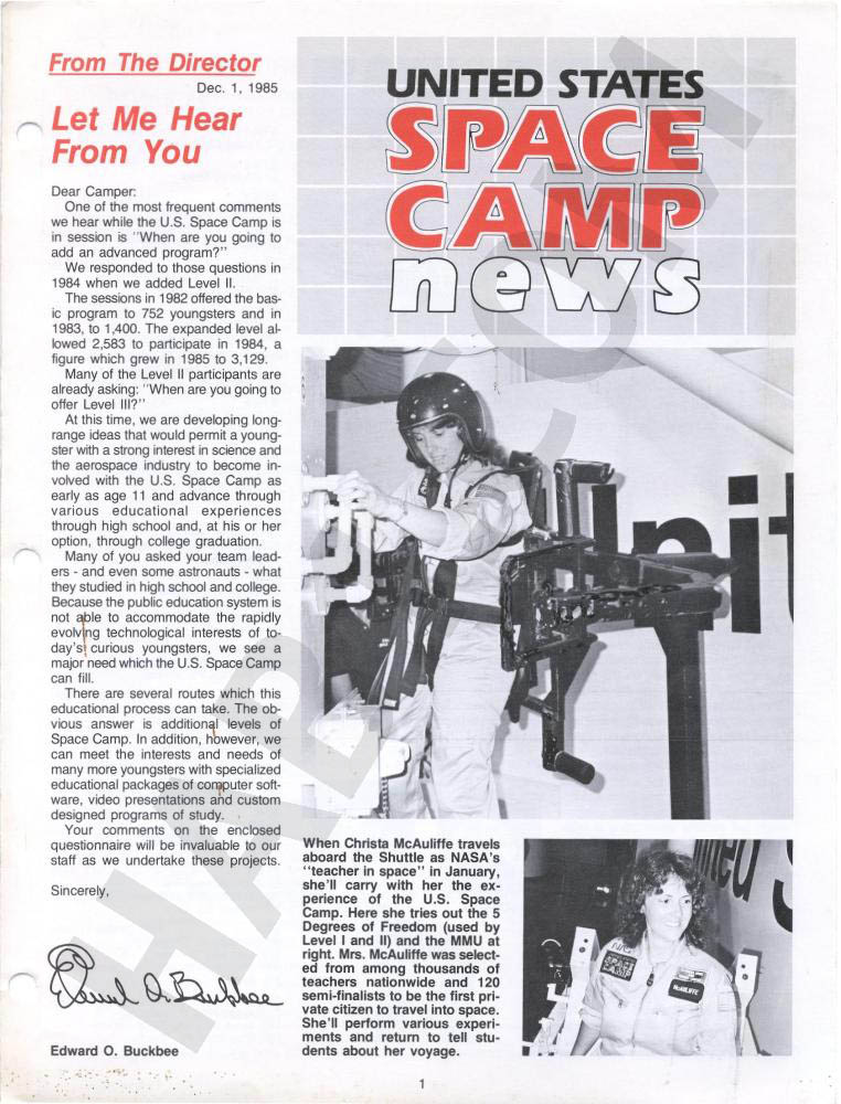 Space Camp News - Winter 1985 - Page 1