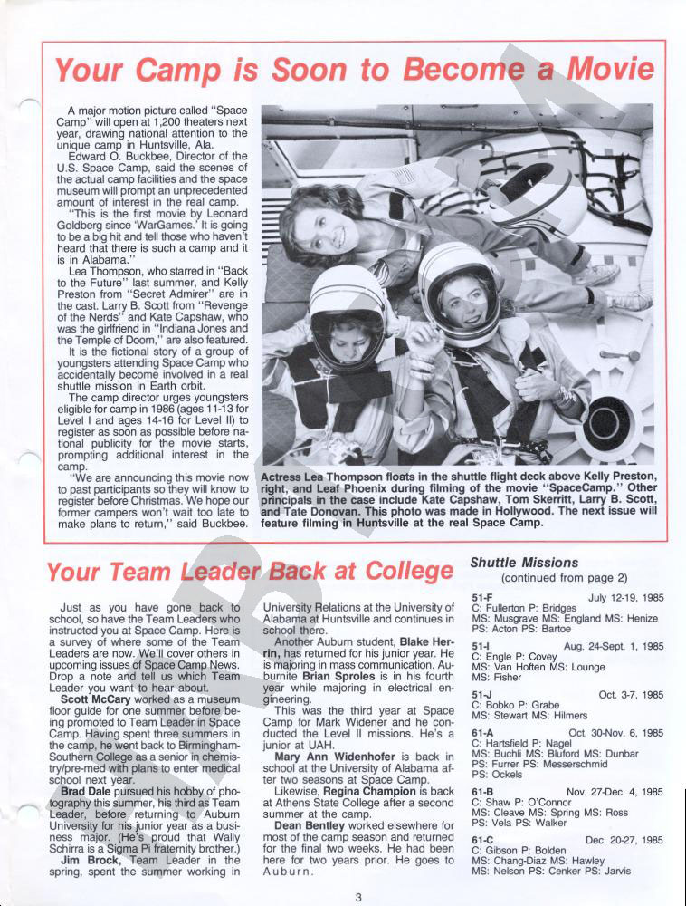 Space Camp News - Winter 1985 - Page 3