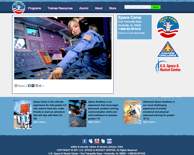 Small Screenshot of New Space Camp Website