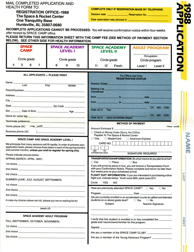 1988 Space Camp Brochure - Application