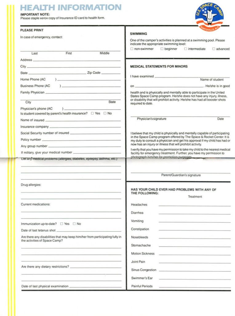 1988 Space Camp Brochure - Health Form