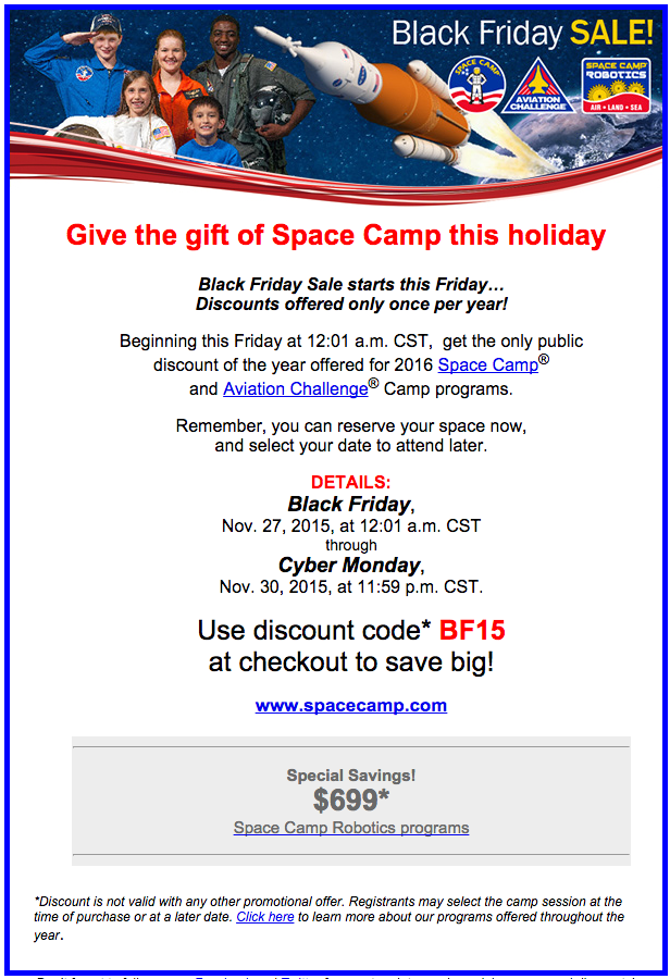 Space Camp Black Friday 2015 Discount